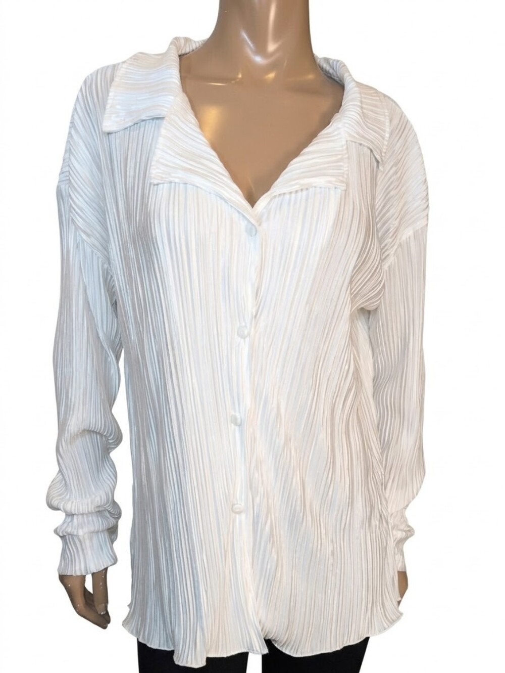 White Plissé Pleated Long Sleeve Button Down Shirt Oversized Satin Blouse Medium